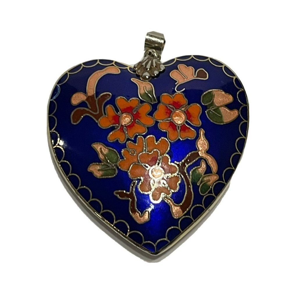 vintage Multi-color Cloisonne Heart Shape Floral Flower Pendant